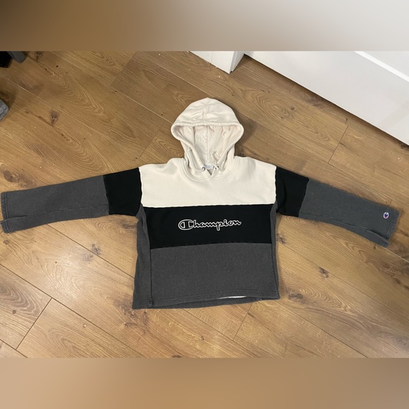 Champion Reverse Weave Logo Block Striped Cropped Sweater Hoodie Grey Y2K - Picture 3 of 5